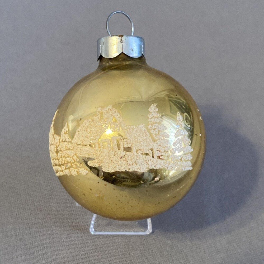 Vintage Glass Ball Christmas Ornament Gold Mica Stencil Cabin Scene Winter